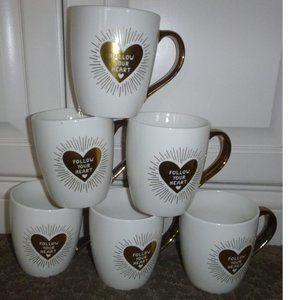 Lot of 6 Ceramic Mugs "Follow Your Heart" 18 oz  Coffee Cups Metallic Gold NWT